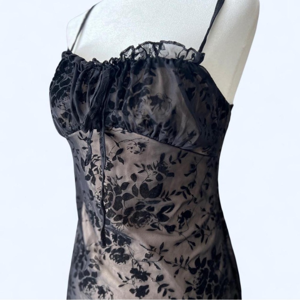 Black Floral Lace Mesh Ruched Tie Front Mini Dress Goth Fairy Coquette Romantic